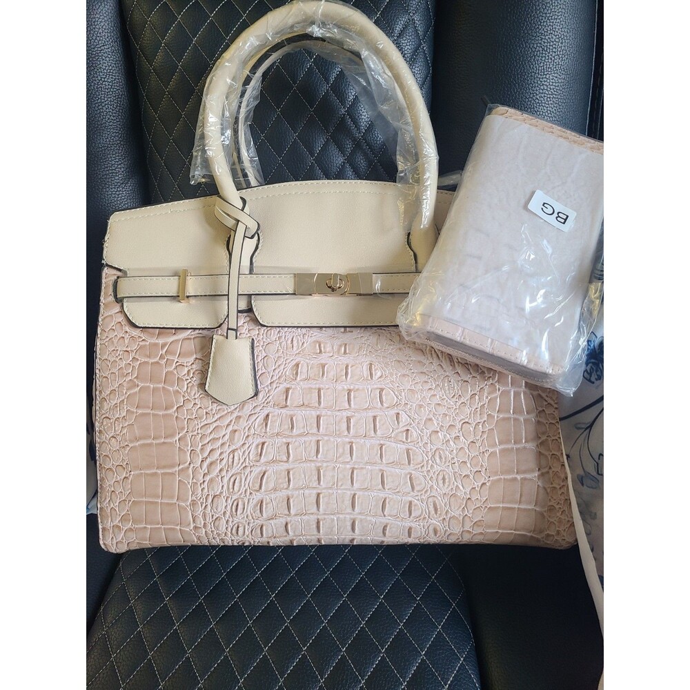 New Faux cream Croc Embossed Leather Padlock Satchel Handbag with zippy wallet